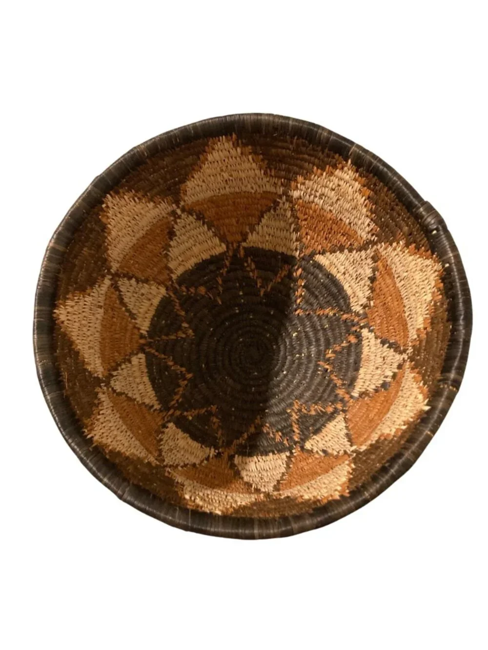 Vintage Handwoven Basket With Geometric Design In Earth Tone Colors